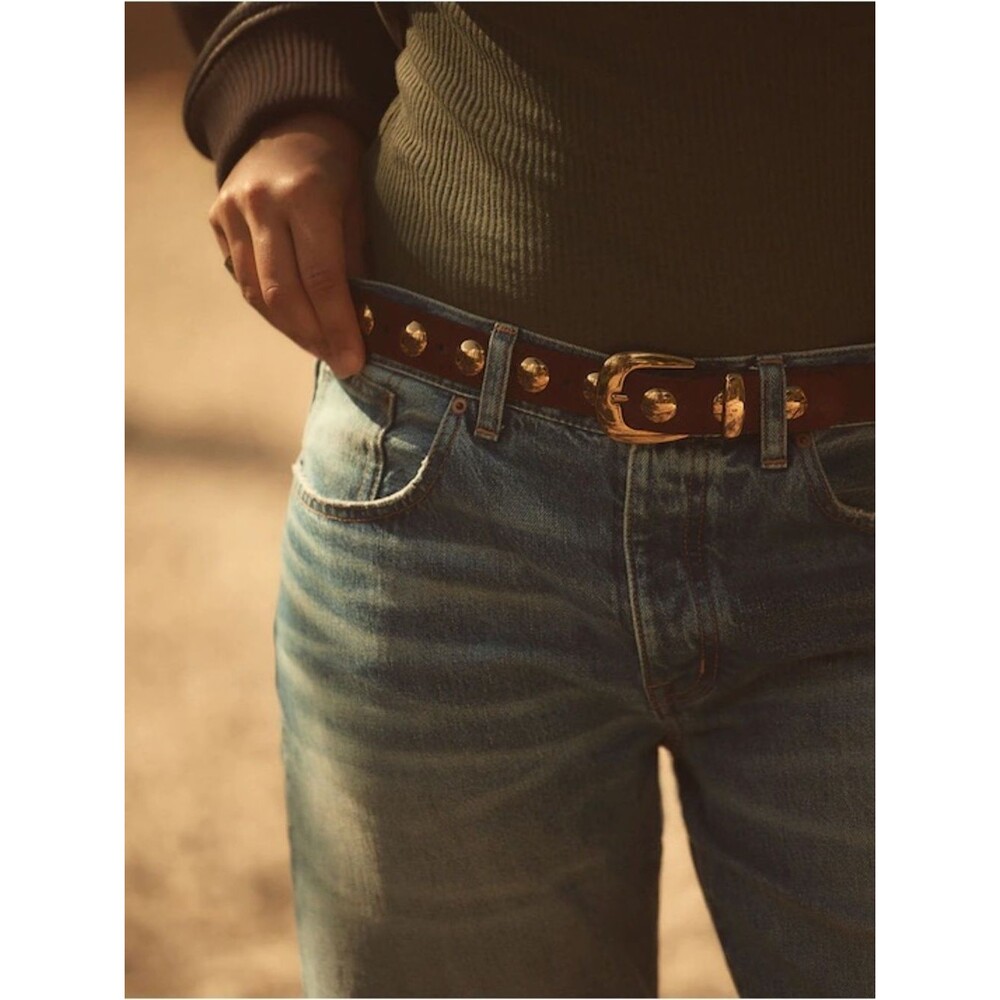 Madewell Studded Western Belt Soft Mahogany Brown Leather Gold Studs Large
